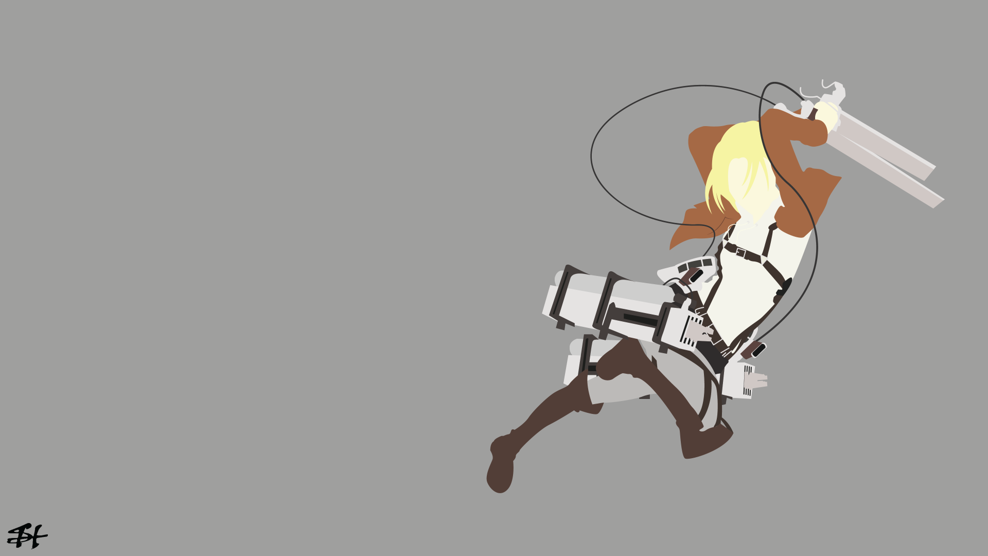 Minimalist 4K Ultra HD anime wallpaper featuring Annie Leonhart from Attack on Titan in dynamic action pose with muted gray background for PC desktop.