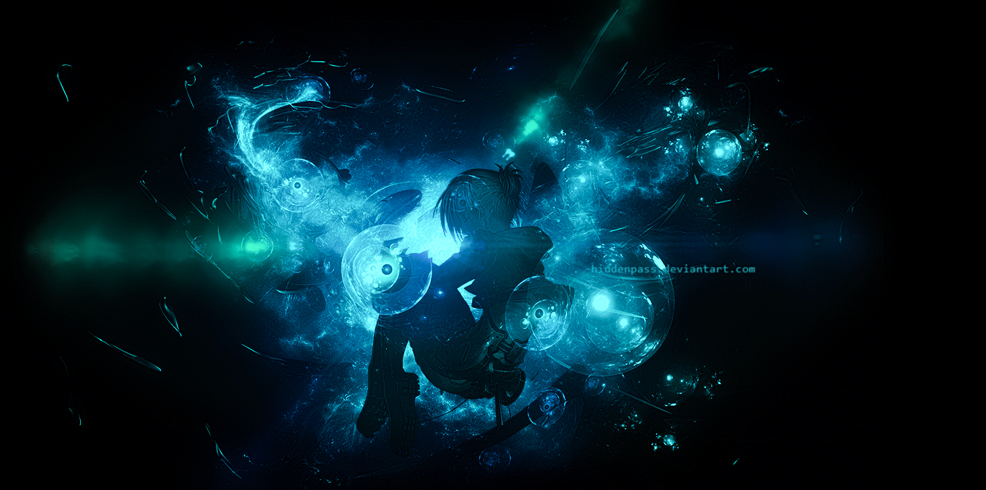 HD PC desktop wallpaper of Annie Leonhart from Attack on Titan, depicted in a dynamic, glowing blue and black anime-style design.