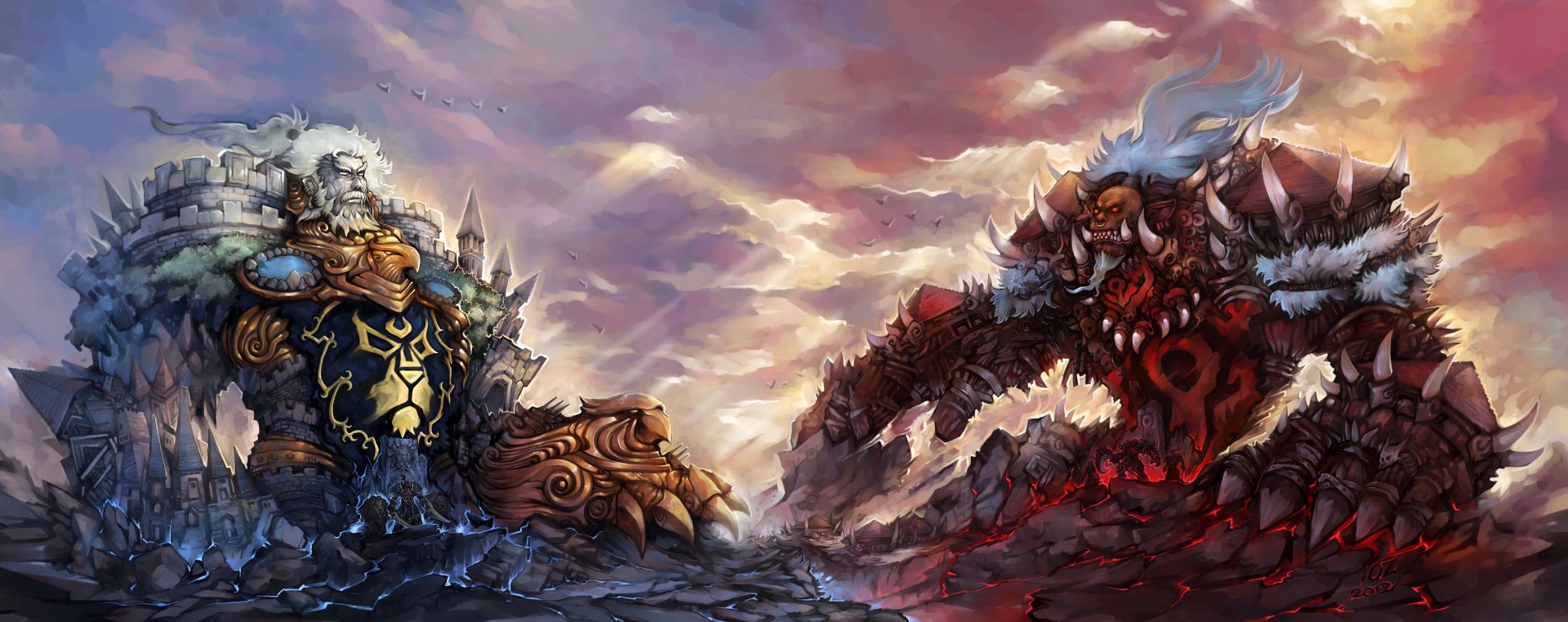 HD desktop wallpaper of a battle scene between two giant warriors in the video game World of Warcraft, depicting intense action and vibrant colors against a dramatic sky background.