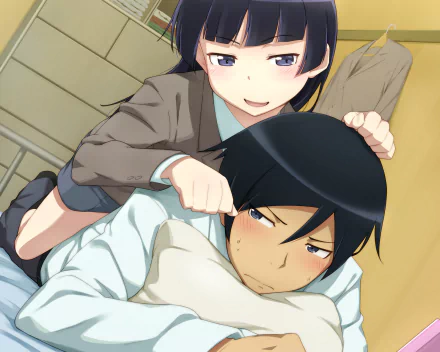 HD anime wallpaper featuring Kyōsuke Kōsaka and Ruri Gokō from Oreimo, with Ruri playfully interacting with Kyōsuke in a cozy indoor setting.