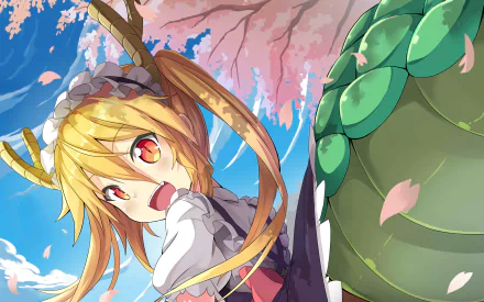 HD desktop wallpaper featuring Tohru from Miss Kobayashi's Dragon Maid. Tohru is depicted with her dragon tail, against a backdrop of cherry blossoms and a bright blue sky.