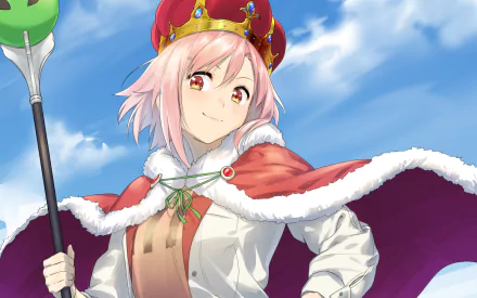 HD desktop wallpaper featuring Yoshino Koharu from the anime Sakura Quest. She is shown wearing a regal outfit, complete with a crown and cape, set against a vibrant blue sky.