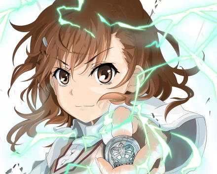 Mikoto Misaka from A Certain Scientific Railgun displays determination with her short brown hair and brown eyes, surrounded by electric sparks while holding a coin. High-definition anime wallpaper.