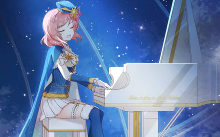 HD PC desktop wallpaper of Maki Nishikino (Love Live! anime) serenely playing a white grand piano against a starry blue night sky background.