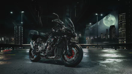 Yamaha MT-10 motorcycle on a wet, moonlit city street at night — 4K Ultra HD PC desktop wallpaper and background.