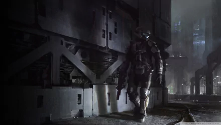 HD PC desktop wallpaper featuring a dark, atmospheric scene from the video game Halo 3: ODST, showing a lone armored soldier walking in an industrial urban environment.