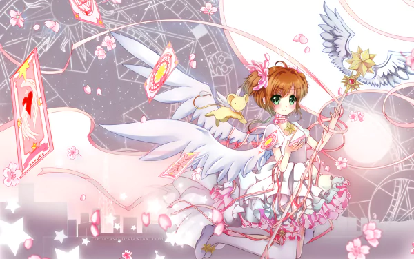 HD PC desktop wallpaper featuring Sakura Kinomoto and Keroberos from Cardcaptor Sakura in dynamic anime style with magical cards and soft pink tones.