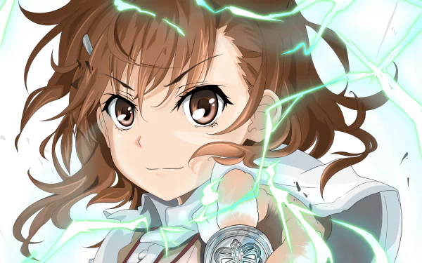 Mikoto Misaka from A Certain Scientific Railgun displays determination with her short brown hair and brown eyes, surrounded by electric sparks while holding a coin. High-definition anime wallpaper.