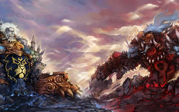HD desktop wallpaper of a battle scene between two giant warriors in the video game World of Warcraft, depicting intense action and vibrant colors against a dramatic sky background.