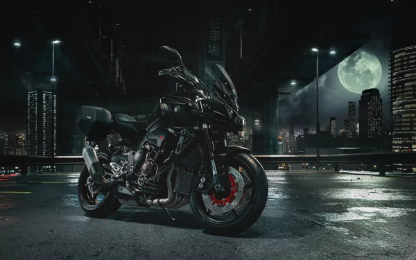 Yamaha MT-10 motorcycle on a wet, moonlit city street at night — 4K Ultra HD PC desktop wallpaper and background.