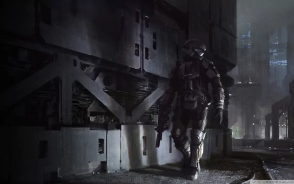 HD PC desktop wallpaper featuring a dark, atmospheric scene from the video game Halo 3: ODST, showing a lone armored soldier walking in an industrial urban environment.