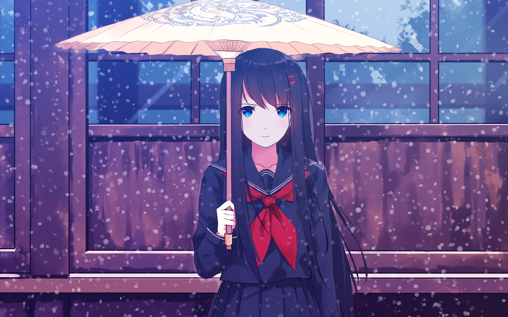Anime girl with long black hair holding an umbrella in the snow, in front of a traditional wooden building. HD desktop wallpaper and background.