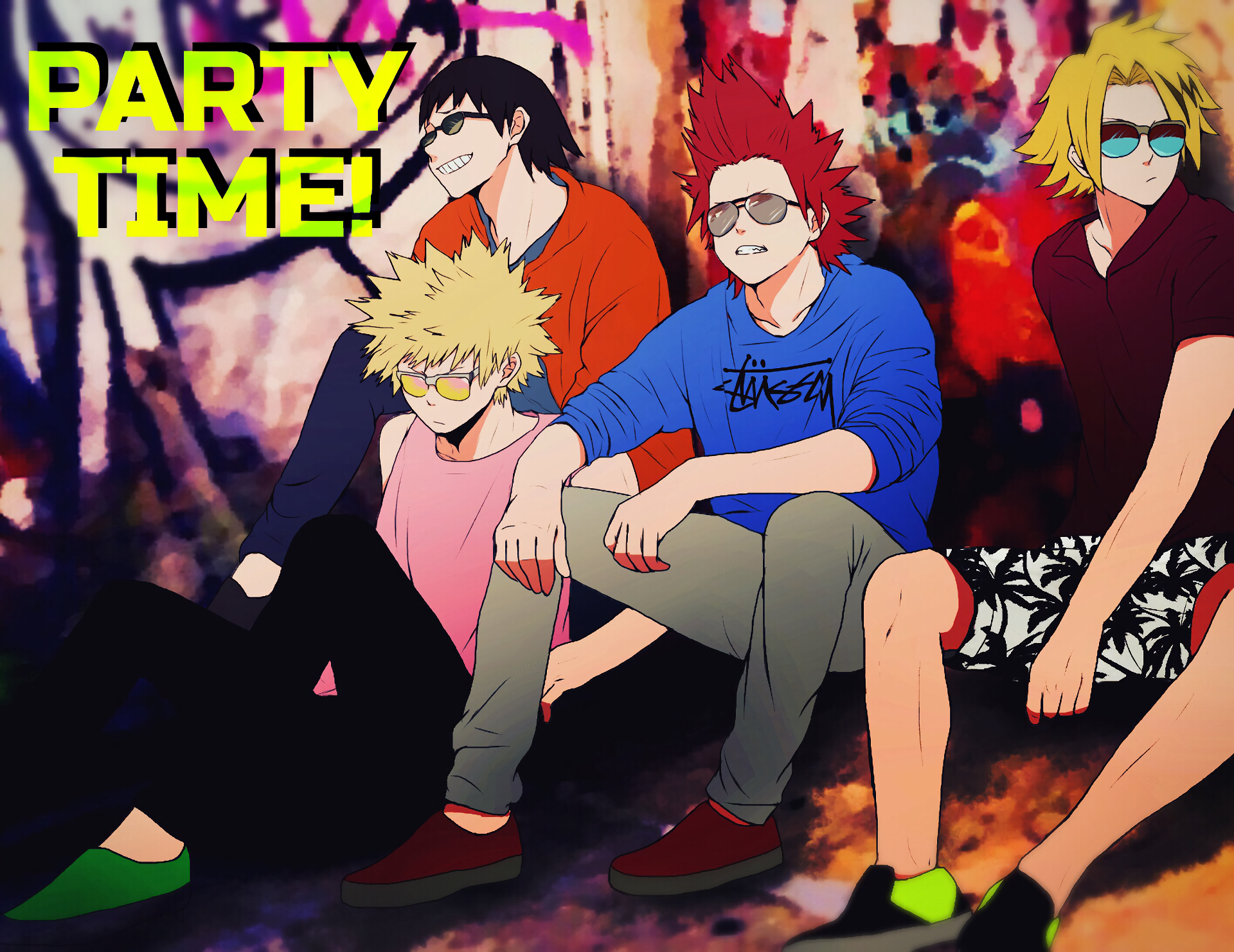 HD PC desktop wallpaper featuring My Hero Academia anime characters in casual attire against a vibrant party background with bold yellow text PARTY TIME!