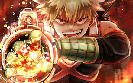 HD desktop wallpaper and background of Katsuki Bakugou from the anime My Hero Academia, showcasing an intense and fiery action scene.