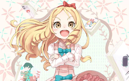 HD PC desktop wallpaper featuring Elf Yamada from the anime EroManga-Sensei, showcasing her cheerful expression and flowing blonde hair in vibrant colors.