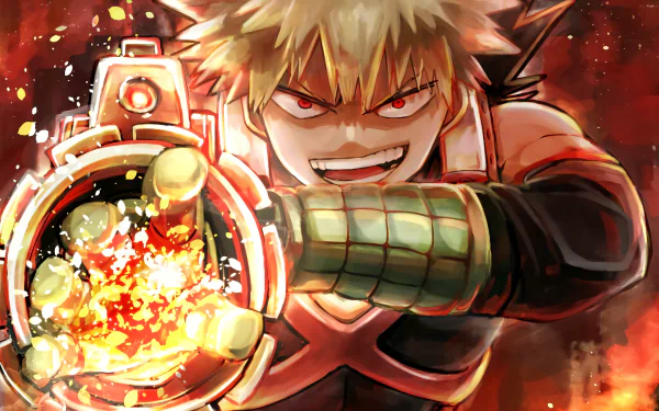 HD desktop wallpaper and background of Katsuki Bakugou from the anime My Hero Academia, showcasing an intense and fiery action scene.