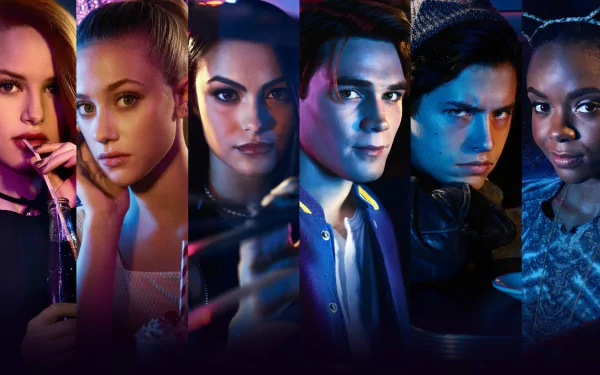 Image of the main cast from the TV show Riverdale: KJ Apa, Lili Reinhart, Camila Mendes, Cole Sprouse, Madelaine Petsch, and Ashleigh Murray, featured in an HD desktop wallpaper and background.