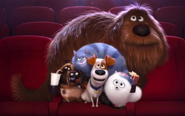 HD desktop wallpaper featuring characters from the movie The Secret Life of Pets sitting together in a theater.