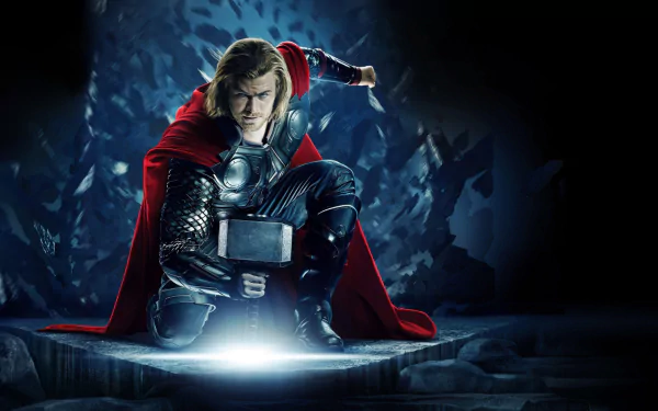 HD desktop wallpaper featuring Chris Hemsworth as Thor, kneeling with his hammer and wearing a red cape, against a dramatic, dark background.