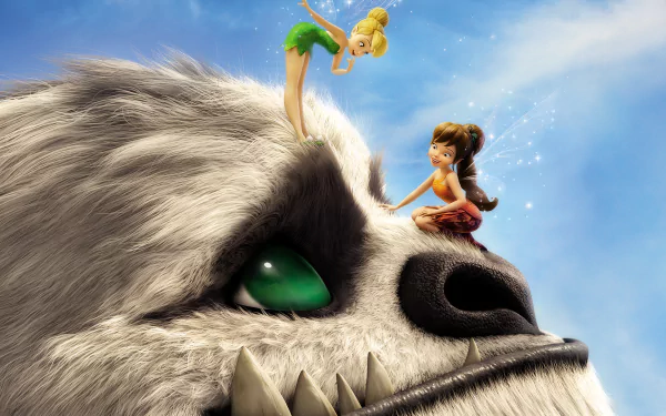 Tinker Bell and a friend perched on the furry NeverBeast's snout beneath a blue sky — HD PC desktop wallpaper from the movie Tinker Bell and the Legend of the NeverBeast.