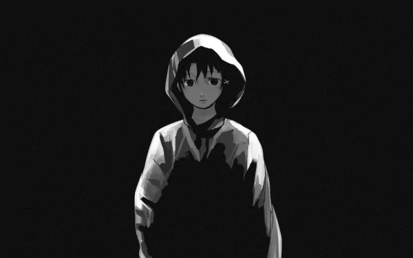 HD PC desktop wallpaper featuring a dark, stylized image of Lain from the anime Serial Experiments Lain against a black background.