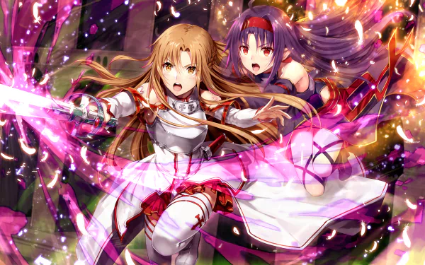 HD desktop wallpaper featuring Yuuki Konno and Asuna Yuuki from the anime Sword Art Online. The dynamic image showcases both characters wielding swords amidst a background of vibrant colors and light effects.