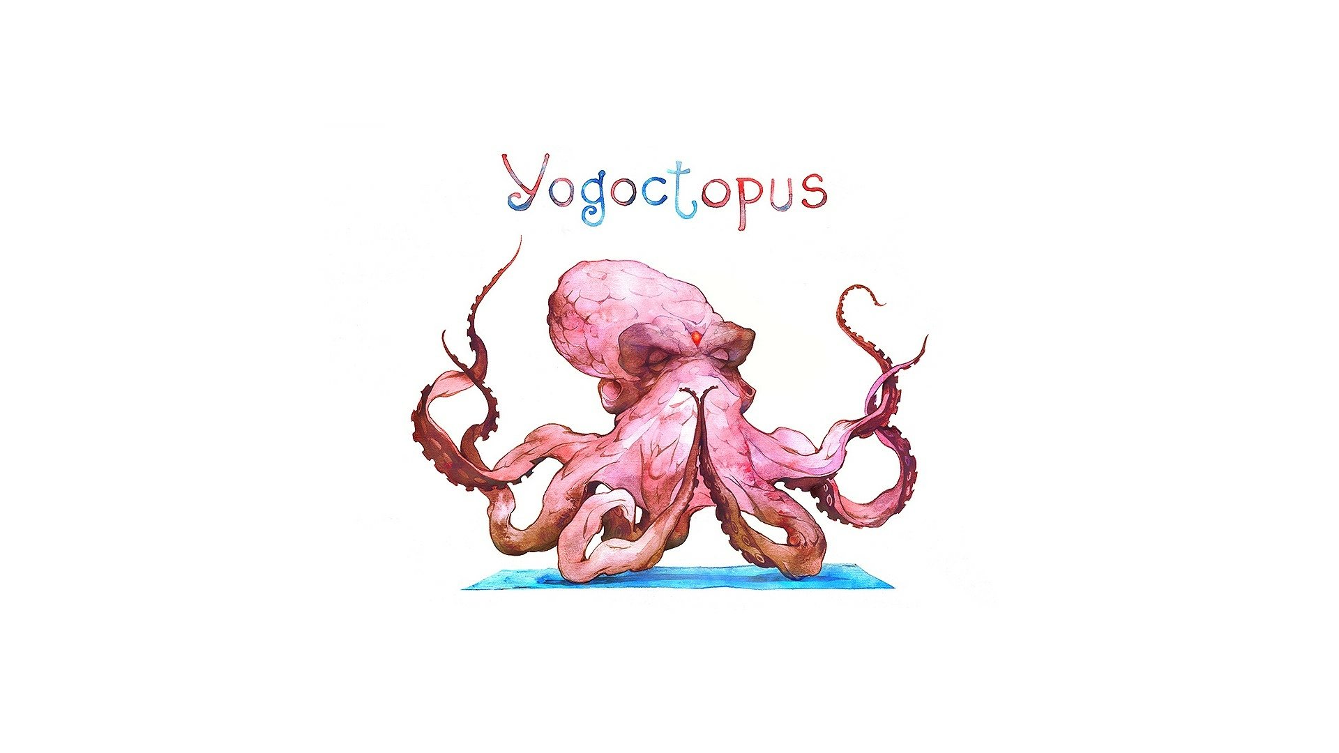 HD PC desktop wallpaper/background: funny Yogoctopus illustration of a pink octopus doing yoga on a blue mat with playful Google-style lettering.