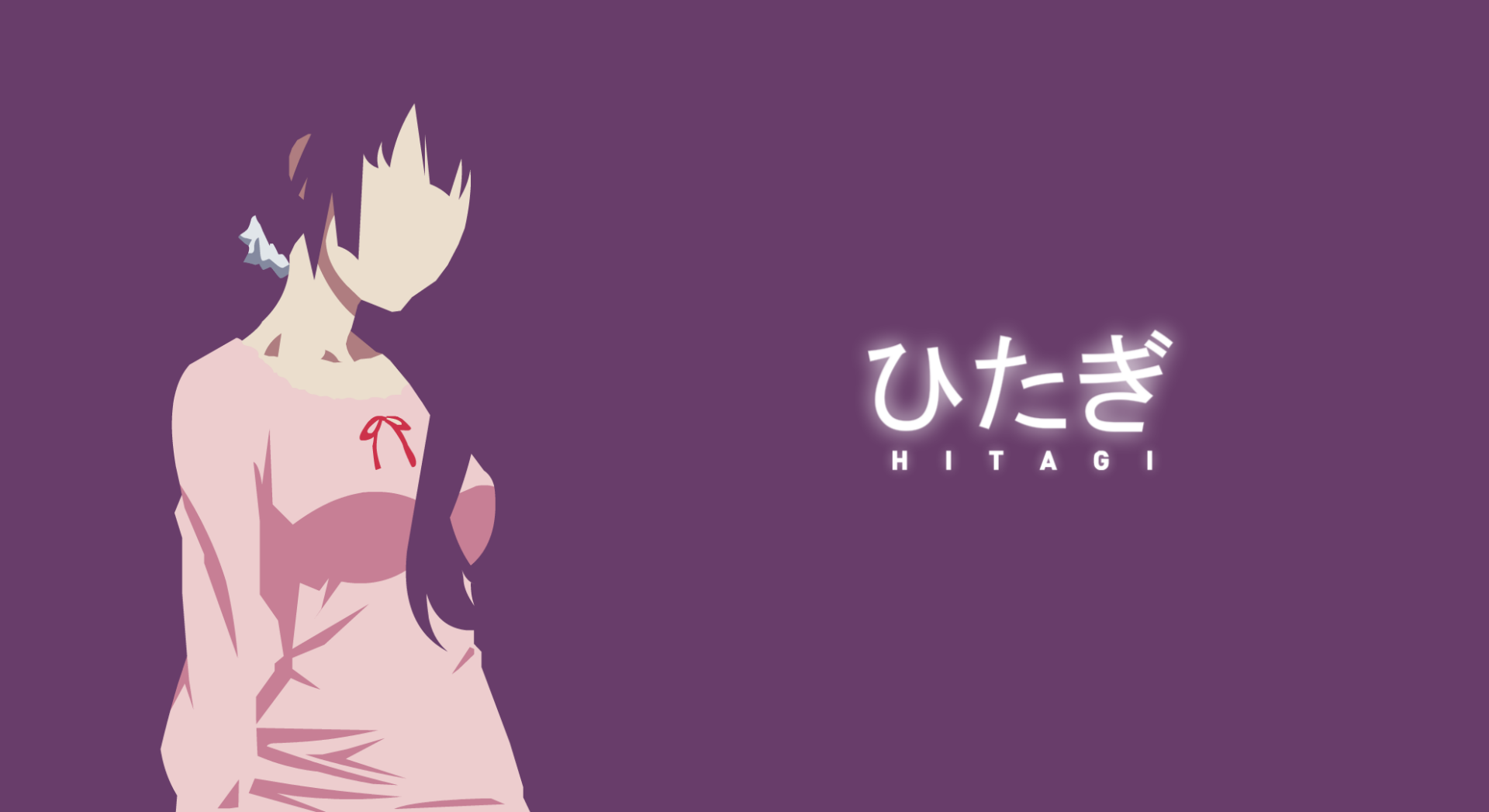 Minimalist HD anime wallpaper featuring Hitagi Senjōgahara from the Monogatari series, set against a solid purple background with her name in Japanese and English.