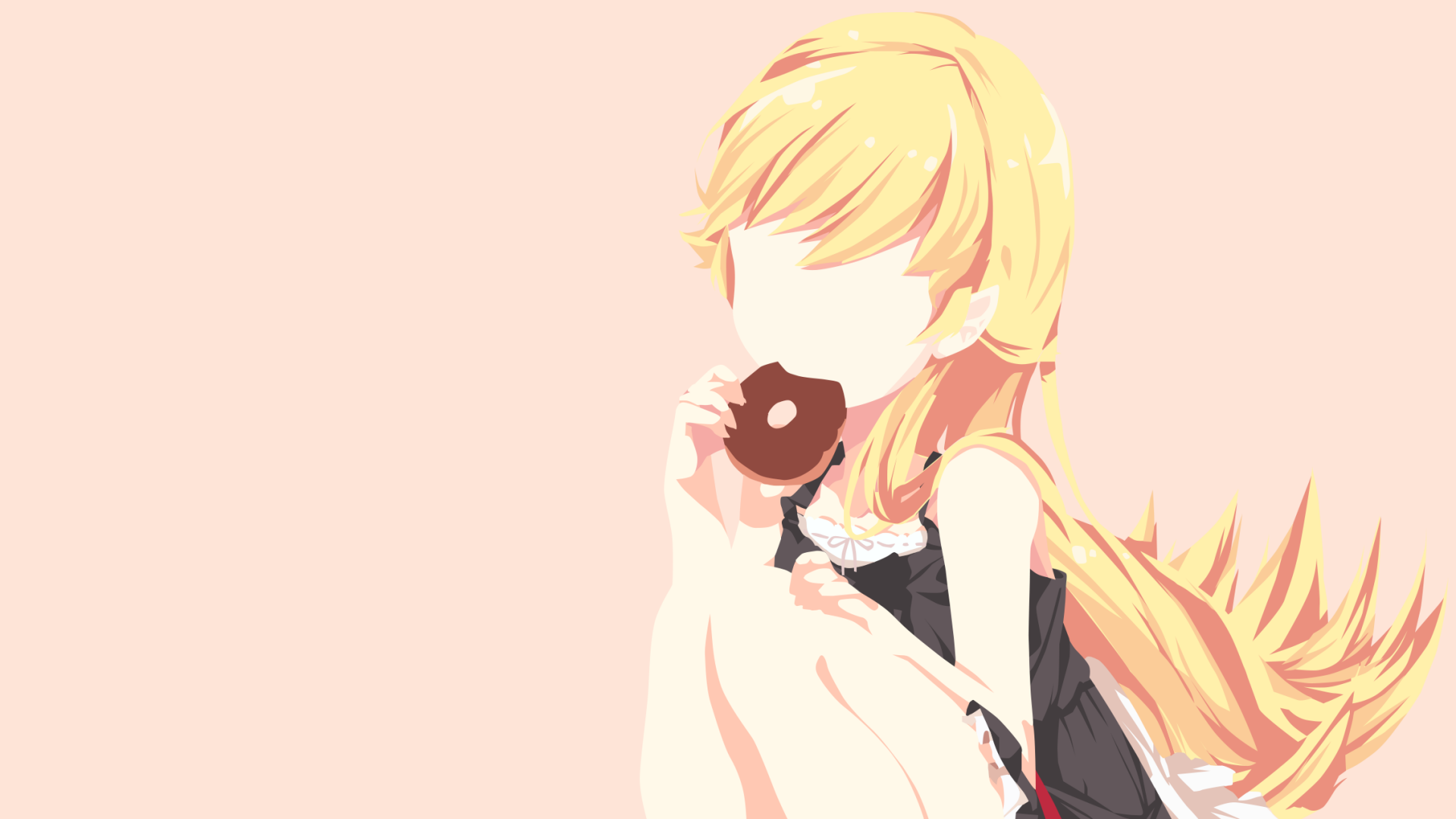 HD anime desktop wallpaper featuring Shinobu Oshino from the Monogatari series, depicted with blonde hair and a donut against a light pastel background.