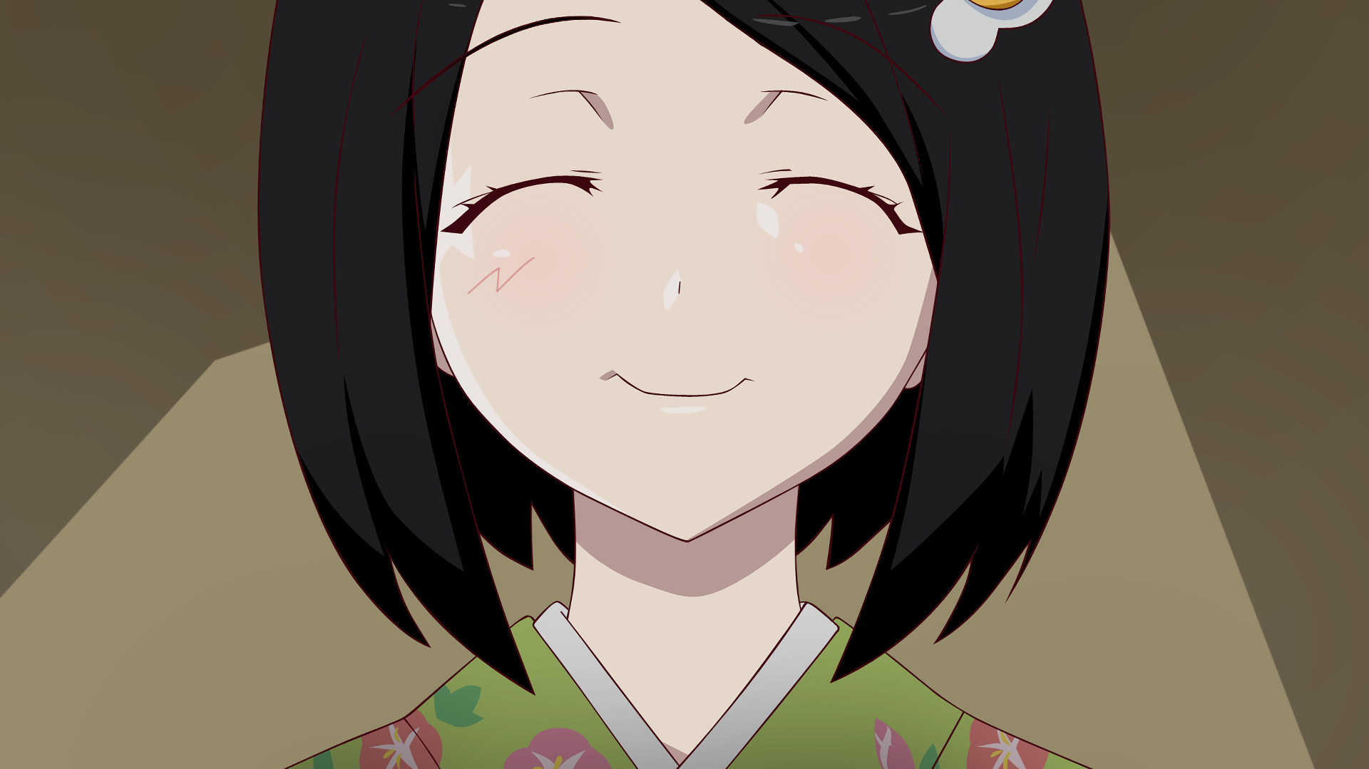 HD PC desktop wallpaper of Tsukihi Araragi from the Monogatari series, smiling with closed eyes in a floral kimono against a simple, muted background.