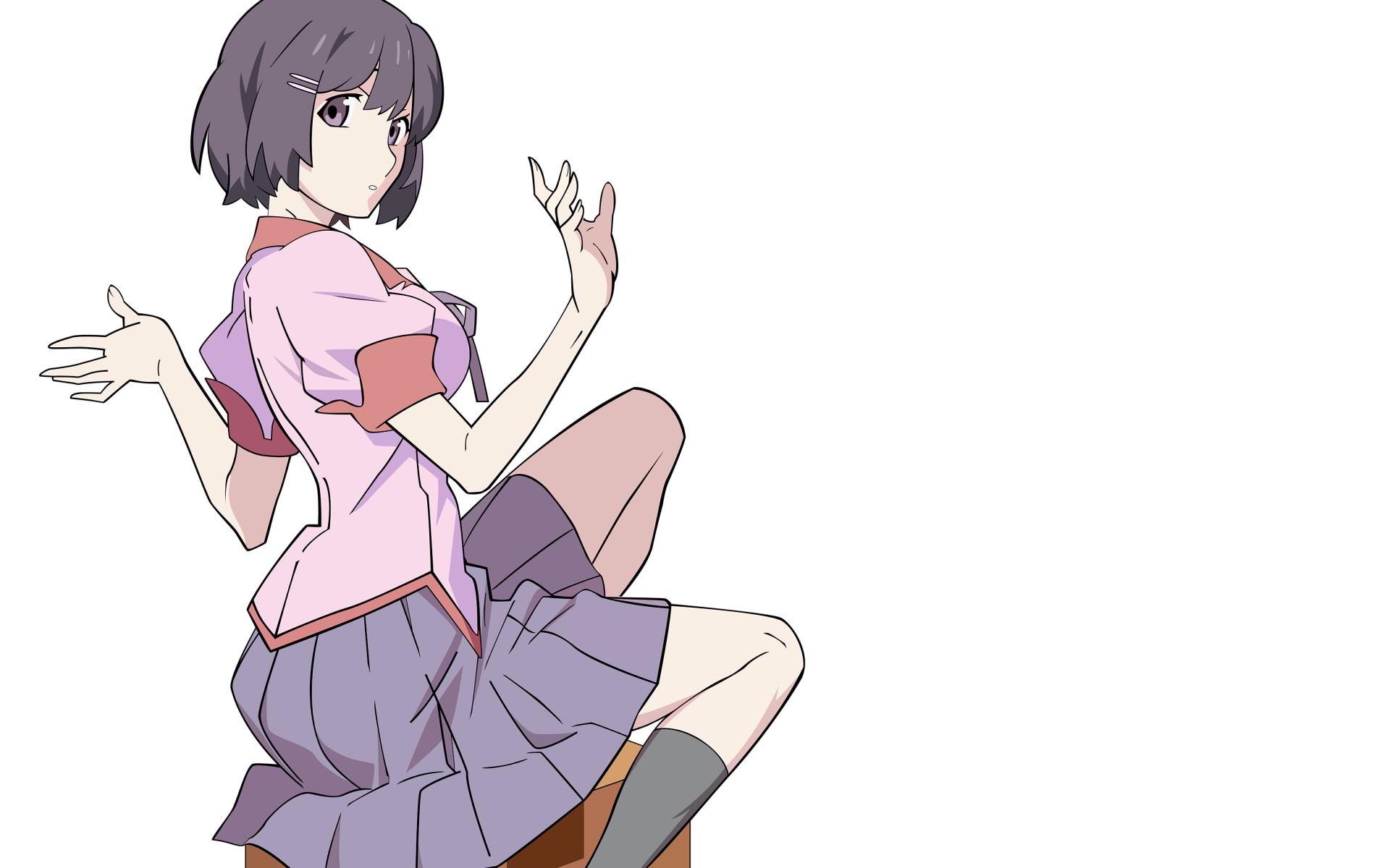 Tsubasa Hanekawa (Monogatari) in a school uniform, seated pose on a white background — anime 2K Quad HD PC desktop wallpaper.