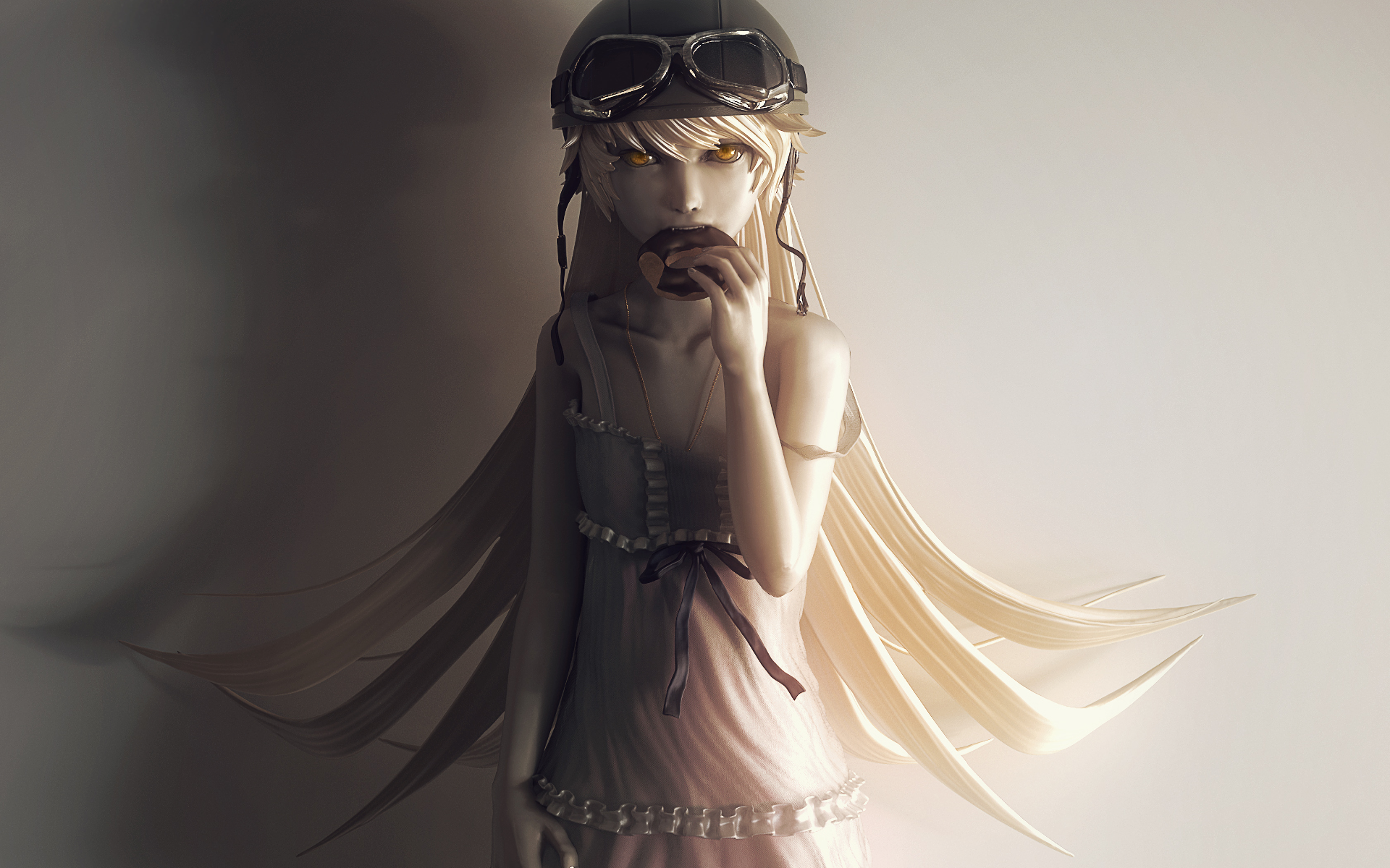 HD PC desktop wallpaper of Shinobu Oshino (Monogatari): long blonde hair, goggles on her head, finger to lips, soft glowing lighting and flowing strands.