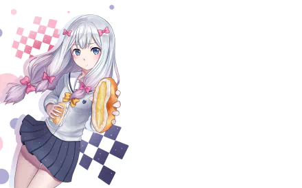 HD desktop wallpaper featuring Sagiri Izumi from the anime EroManga-Sensei, holding a pastry and drink against a white background with colorful geometric patterns.