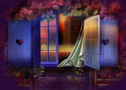 A beautiful HD desktop wallpaper depicting an artistic window with heart-shaped cut-outs in the shutters, surrounded by spring vines at night.