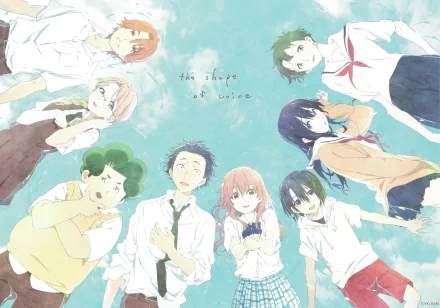 HD wallpaper featuring characters Yuzuru Nishimiya, Shouya Ishida, and Shouko Nishimiya from the anime A Silent Voice, set against a clear blue sky background.