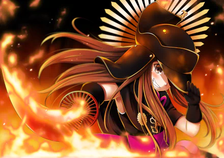 HD PC desktop wallpaper of Chacha from Fate/Grand Order, depicted in anime style with dynamic fiery effects and detailed armor against a dark background.