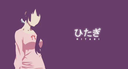 Minimalist HD anime wallpaper featuring Hitagi Senjōgahara from the Monogatari series, set against a solid purple background with her name in Japanese and English.