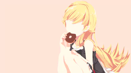 HD anime desktop wallpaper featuring Shinobu Oshino from the Monogatari series, depicted with blonde hair and a donut against a light pastel background.
