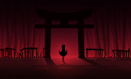 HD desktop wallpaper featuring Shinobu Oshino from the Monogatari series, standing silhouetted against a dramatic red background with a torii gate and bamboo.