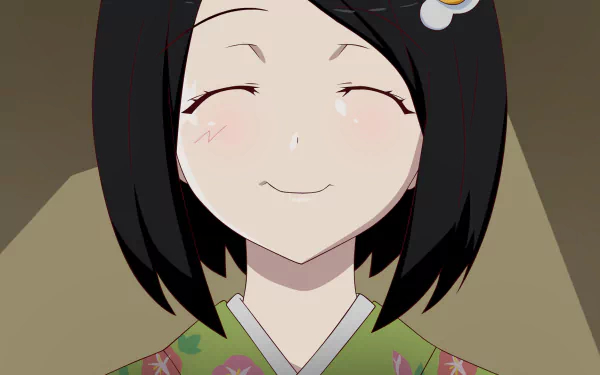 HD PC desktop wallpaper of Tsukihi Araragi from the Monogatari series, smiling with closed eyes in a floral kimono against a simple, muted background.
