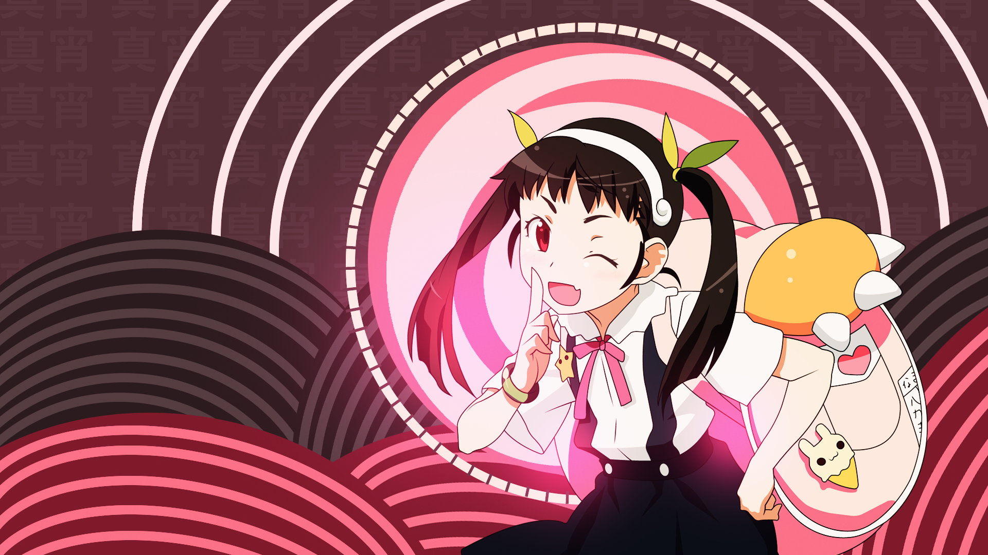 HD PC desktop wallpaper featuring Mayoi Hachikuji from the Monogatari anime series with vibrant pink and brown circular patterns in the background.
