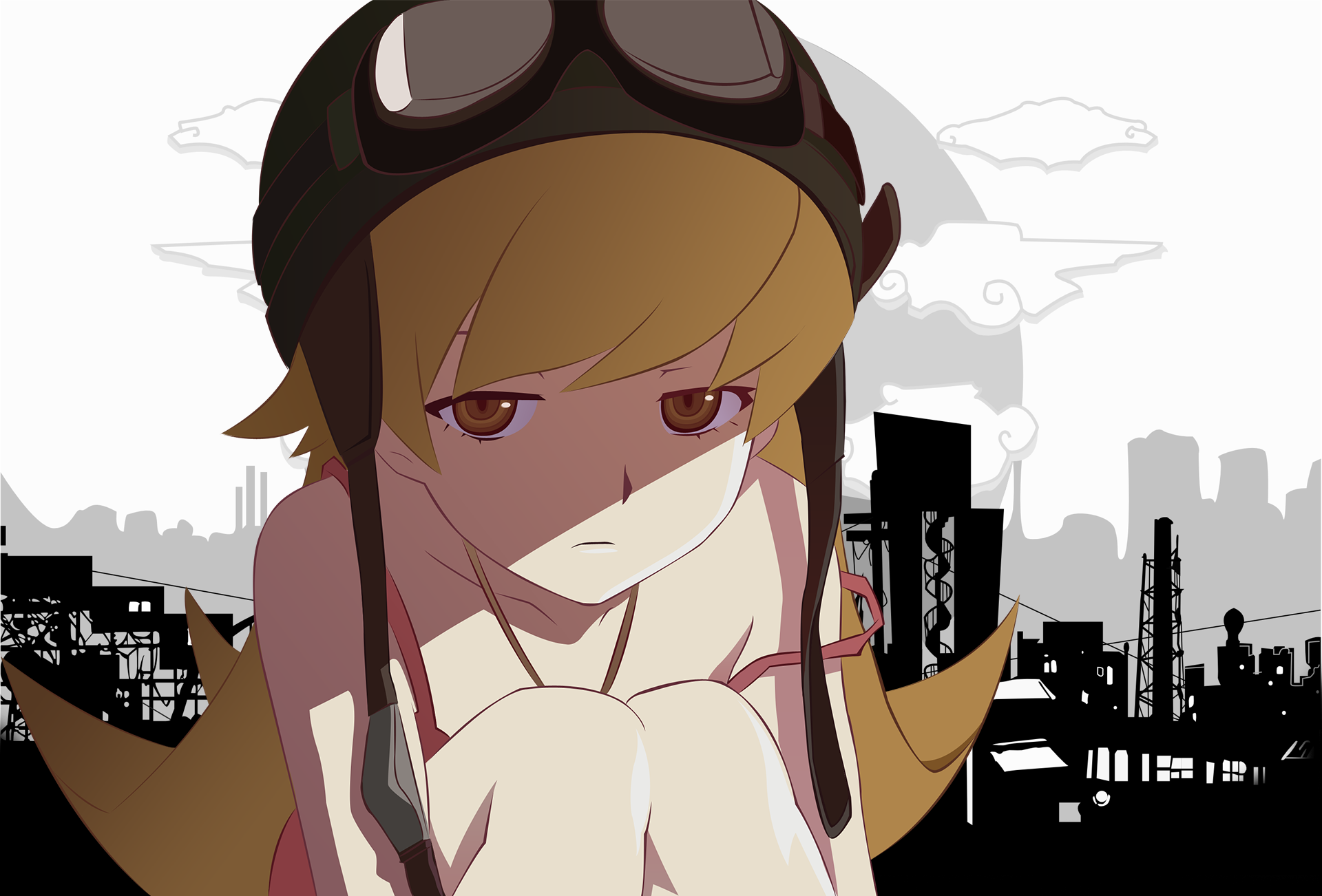 HD PC desktop wallpaper featuring Shinobu Oshino from the Monogatari anime series, depicted with a cityscape silhouette in the background.