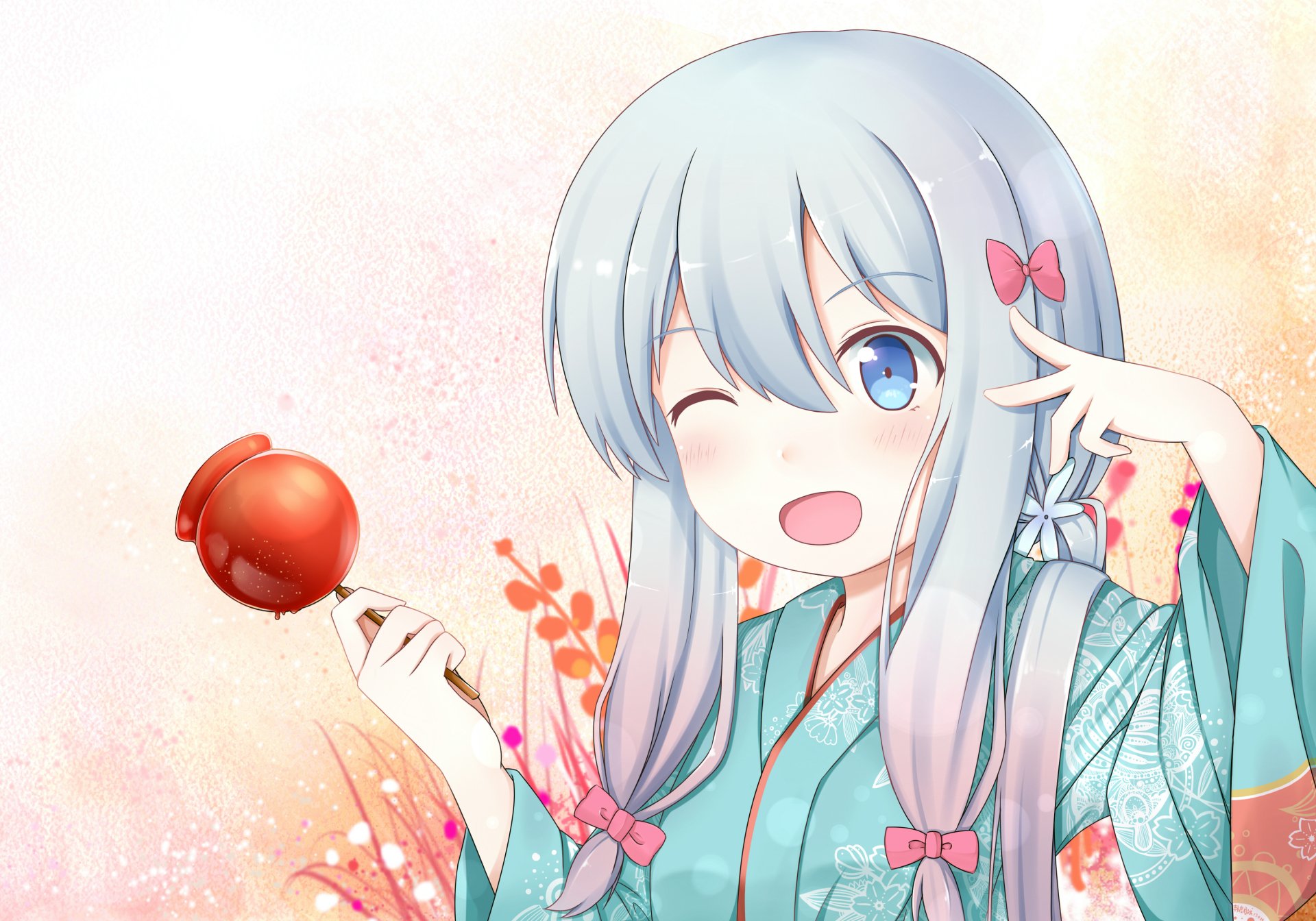 HD anime desktop wallpaper featuring Sagiri Izumi from EroManga-Sensei, dressed in a light blue kimono, holding a red fan, and winking playfully.