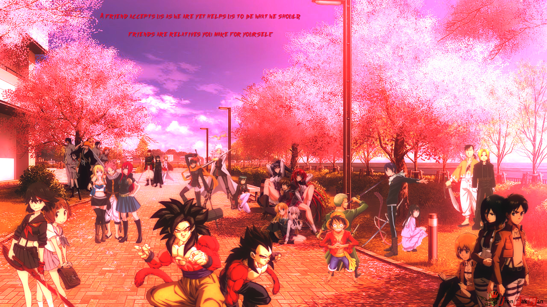HD anime crossover desktop wallpaper featuring various characters enjoying a scenic park with pink cherry blossoms.