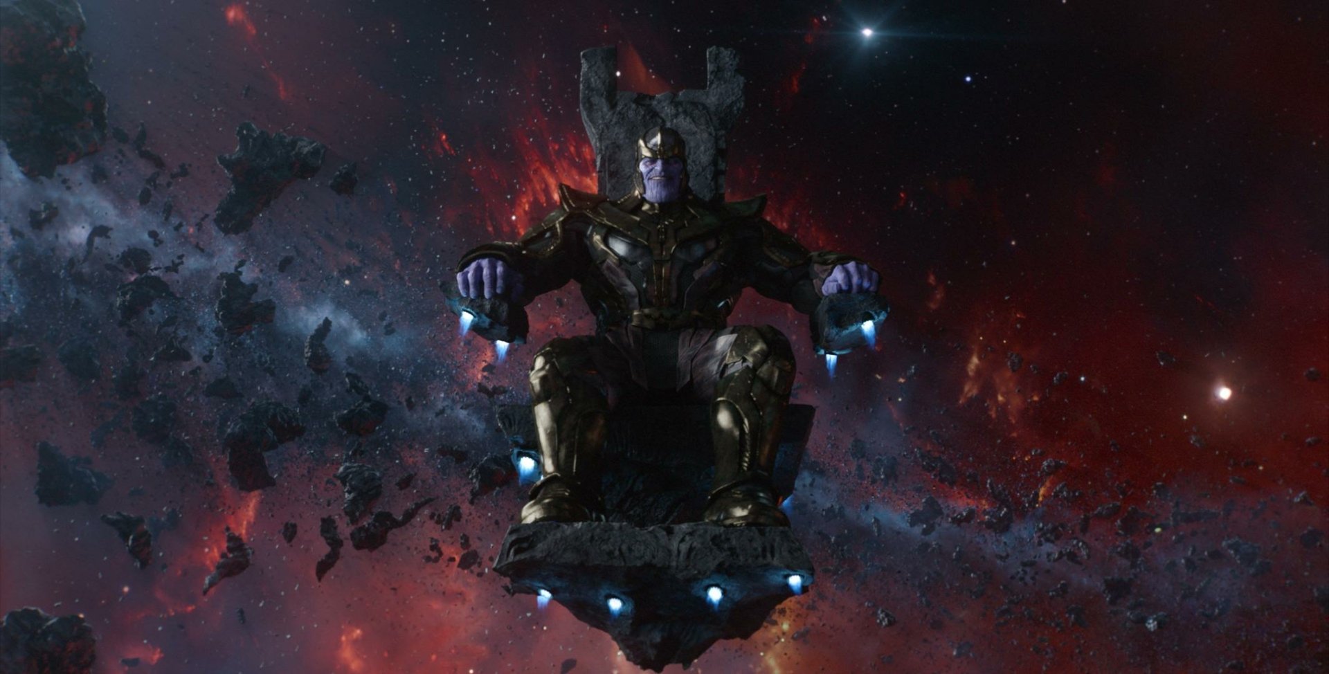 HD wallpaper from the movie Guardians of the Galaxy featuring Thanos seated on his throne, set against a vibrant cosmic background.