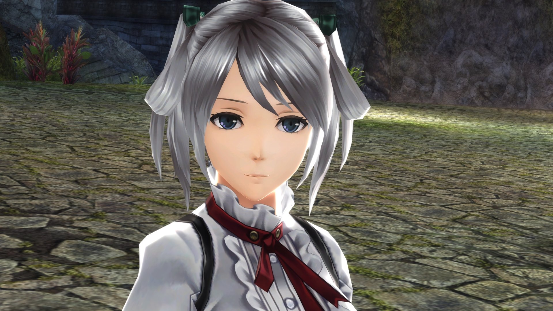 Close-up of a silver‑haired female character from the video game God Eater 2 Rage Burst, anime-style in a white outfit with red ribbon on a stone courtyard — 4K Ultra HD PC desktop wallpaper.