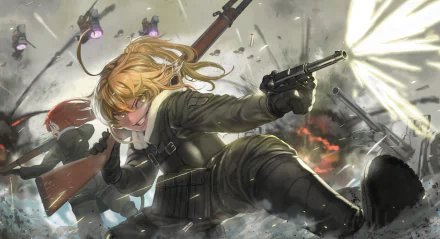 HD anime wallpaper featuring Viktoriya Ivanovna Serebryakov and Tanya Degurechaff from Youjo Senki in an intense battle scene with dynamic action and vivid colors.