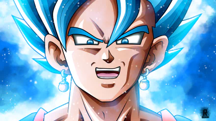 HD wallpaper featuring SSGSS Vegito from Dragon Ball Super, showcasing his iconic blue hair and intense gaze against a vibrant blue background.