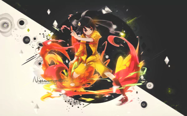 HD PC wallpaper featuring Karen Araragi from the Monogatari series in a dynamic pose with vibrant orange and yellow flames against a contrasting black and white background.