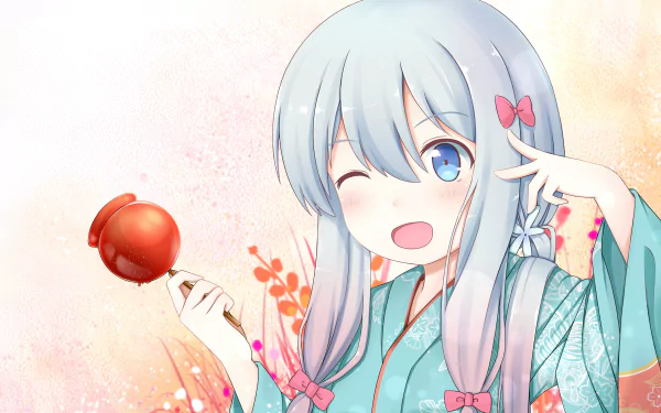 HD anime desktop wallpaper featuring Sagiri Izumi from EroManga-Sensei, dressed in a light blue kimono, holding a red fan, and winking playfully.